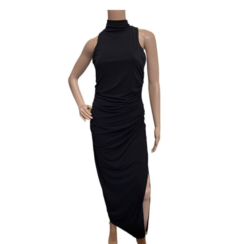 BEYOND by Ashley Graham Mock Neck Formal Ruched Side Slit Maxi Dress Size 4